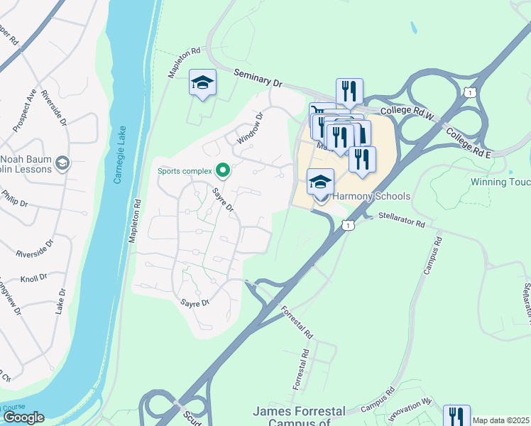 map of restaurants, bars, coffee shops, grocery stores, and more near 4424 Sayre Drive in Princeton
