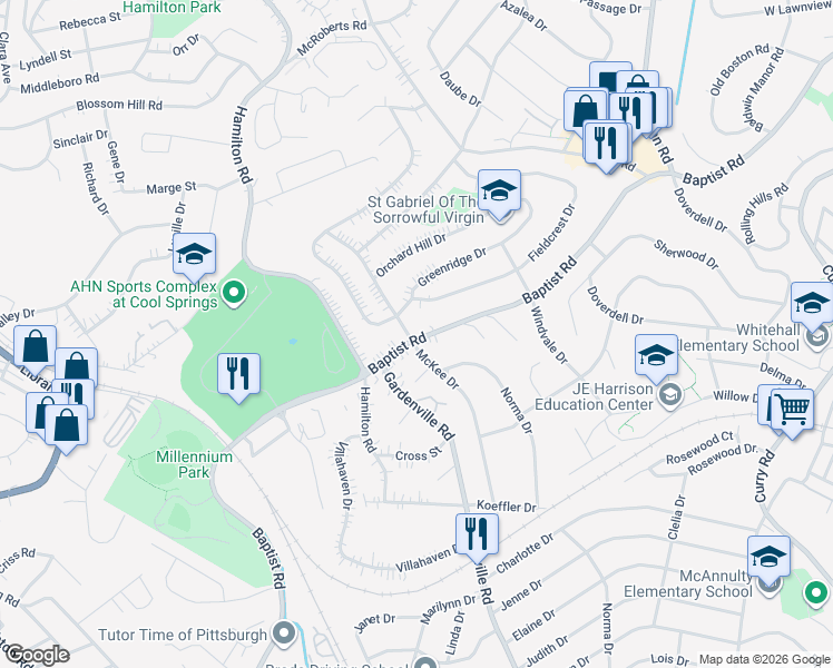 map of restaurants, bars, coffee shops, grocery stores, and more near 5426 Baptist Road in Pittsburgh