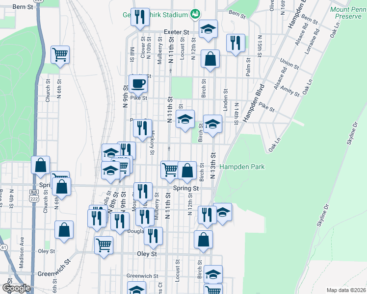 map of restaurants, bars, coffee shops, grocery stores, and more near 1120 Marion Street in Reading