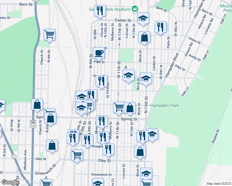 map of restaurants, bars, coffee shops, grocery stores, and more near 1154 North 11th Street in Reading