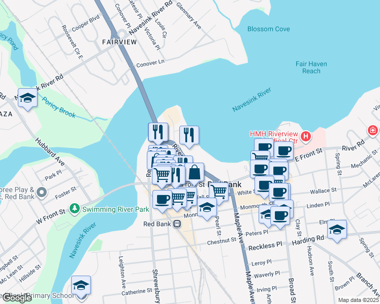 map of restaurants, bars, coffee shops, grocery stores, and more near 88 Riverside Avenue in Red Bank