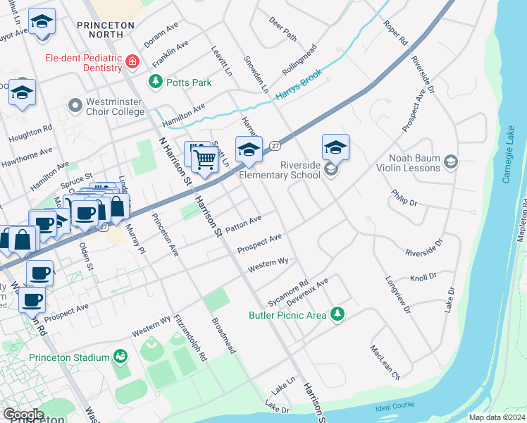map of restaurants, bars, coffee shops, grocery stores, and more near 150 Patton Avenue in Princeton