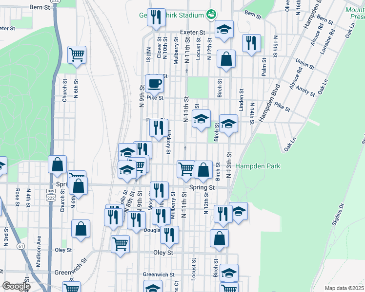 map of restaurants, bars, coffee shops, grocery stores, and more near 1154 North 11th Street in Reading