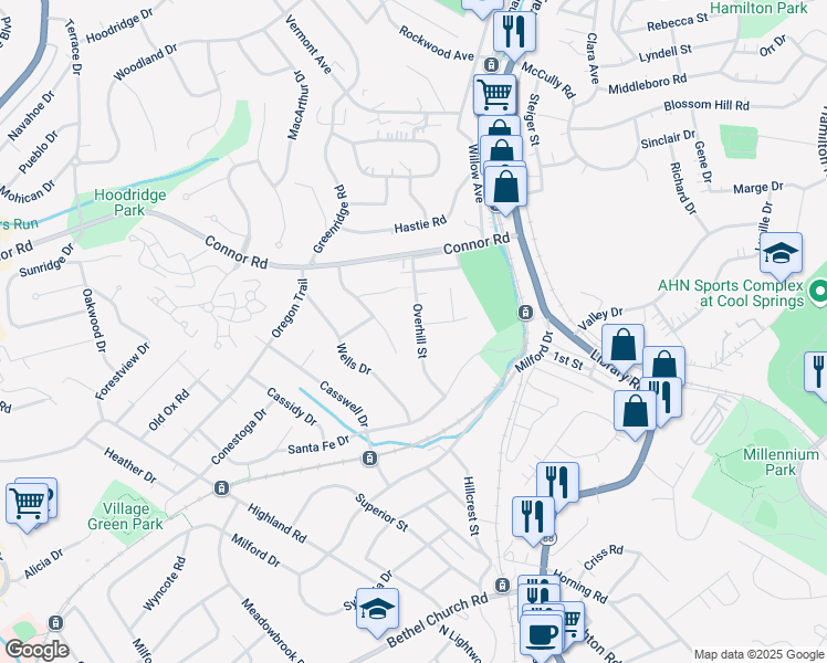 map of restaurants, bars, coffee shops, grocery stores, and more near 4336 Overhill Street in Bethel Park