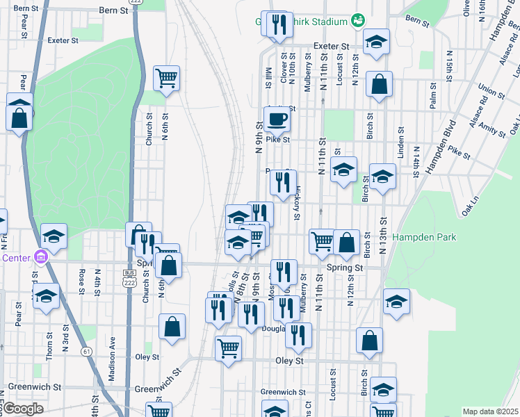 map of restaurants, bars, coffee shops, grocery stores, and more near 1149 North 9th Street in Reading