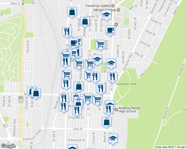 map of restaurants, bars, coffee shops, grocery stores, and more near 1120 Marion Street in Reading