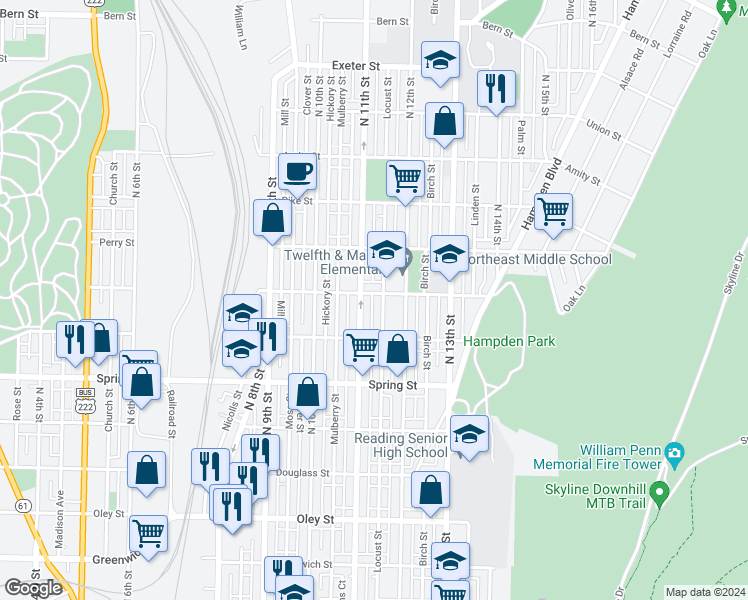 map of restaurants, bars, coffee shops, grocery stores, and more near 1118 Marion Street in Reading