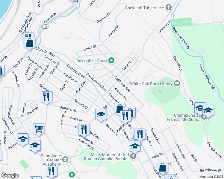 map of restaurants, bars, coffee shops, grocery stores, and more near 2912 State Street in White Oak