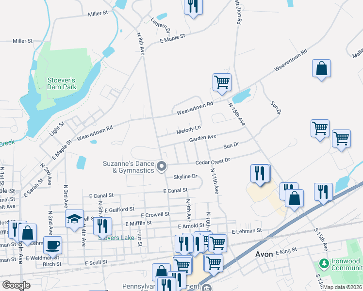 map of restaurants, bars, coffee shops, grocery stores, and more near 745 Suzanne Drive in Lebanon