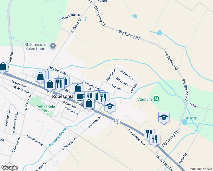 map of restaurants, bars, coffee shops, grocery stores, and more near 310 Fry Avenue in Robesonia