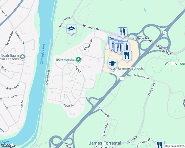map of restaurants, bars, coffee shops, grocery stores, and more near 4424 Sayre Drive in Princeton