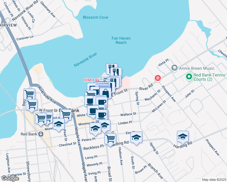 map of restaurants, bars, coffee shops, grocery stores, and more near 35 East Front Street in Red Bank