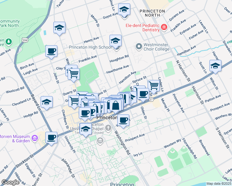 map of restaurants, bars, coffee shops, grocery stores, and more near 47 Wiggins Street in Princeton