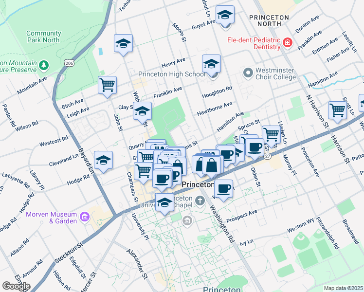 map of restaurants, bars, coffee shops, grocery stores, and more near 36 Wiggins Street in Princeton