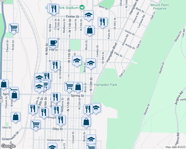 map of restaurants, bars, coffee shops, grocery stores, and more near 1164 North 13th Street in Reading