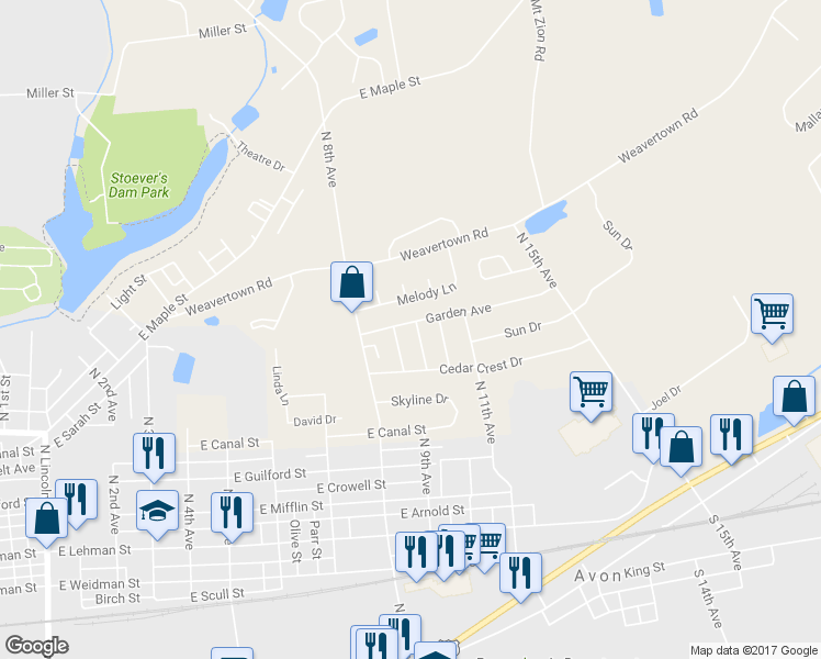 map of restaurants, bars, coffee shops, grocery stores, and more near 747 Barbara Ann Street in Lebanon