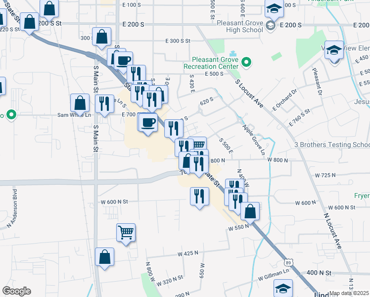 map of restaurants, bars, coffee shops, grocery stores, and more near 626 South 2310 West in Pleasant Grove