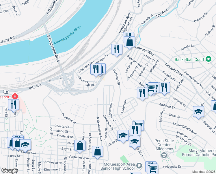 map of restaurants, bars, coffee shops, grocery stores, and more near 804 Woodward Street in McKeesport
