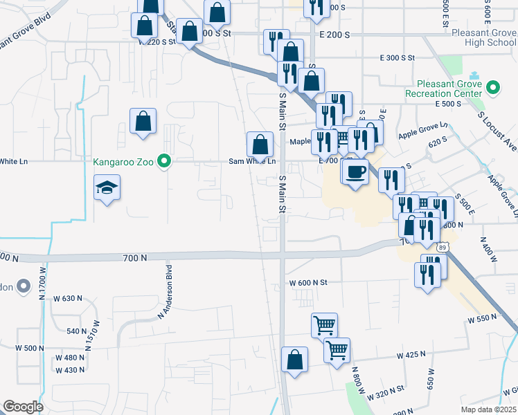 map of restaurants, bars, coffee shops, grocery stores, and more near 928 South Main Street in Pleasant Grove