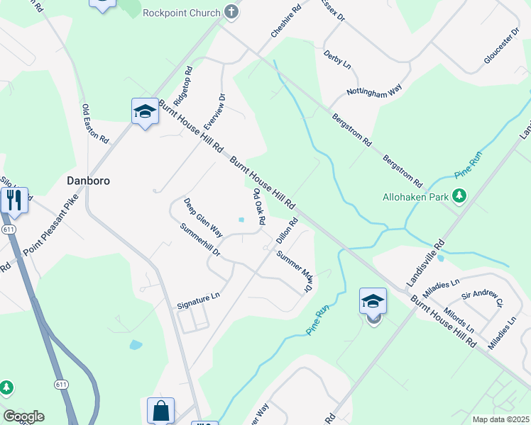 map of restaurants, bars, coffee shops, grocery stores, and more near 4623 Old Oak Road in Doylestown