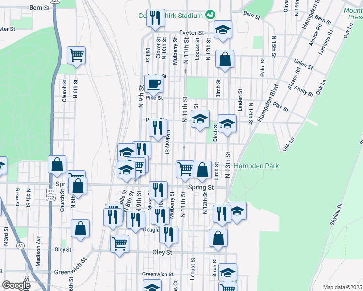 map of restaurants, bars, coffee shops, grocery stores, and more near 1156 North 11th Street in Reading