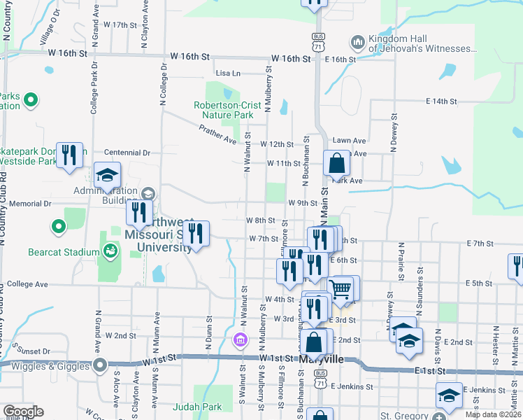 map of restaurants, bars, coffee shops, grocery stores, and more near 816 North Mulberry Street in Maryville