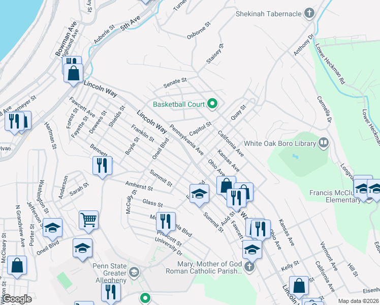 map of restaurants, bars, coffee shops, grocery stores, and more near 1141 Lincoln Way in White Oak