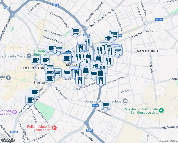 map of restaurants, bars, coffee shops, grocery stores, and more near 65 Via G. Oberdan in Lecce