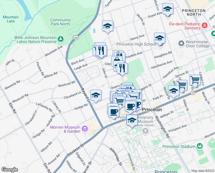 map of restaurants, bars, coffee shops, grocery stores, and more near 150 John Street in Princeton