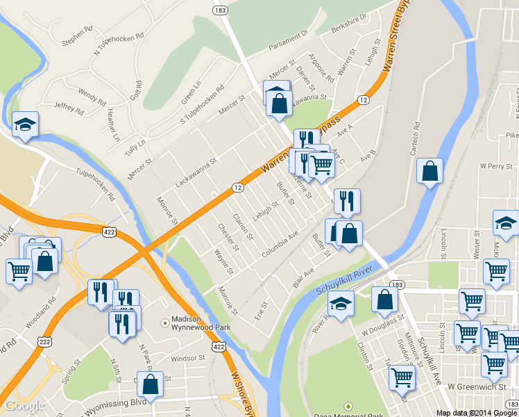 map of restaurants, bars, coffee shops, grocery stores, and more near 1301 Allegheny Avenue in Reading