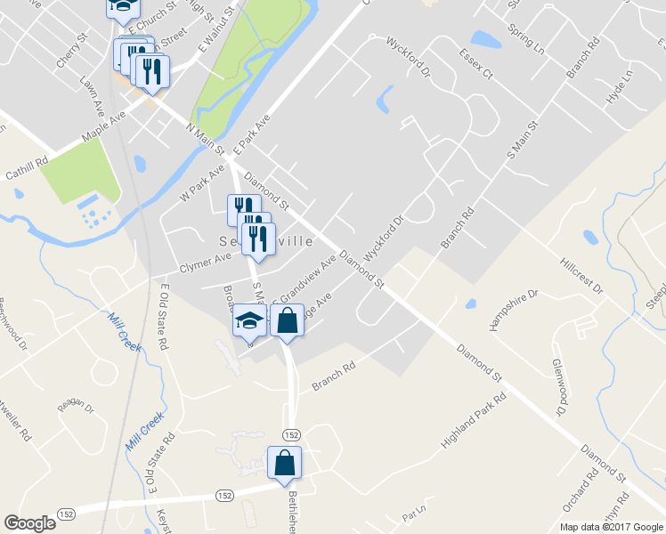 map of restaurants, bars, coffee shops, grocery stores, and more near 56 East Grandview Avenue in Sellersville