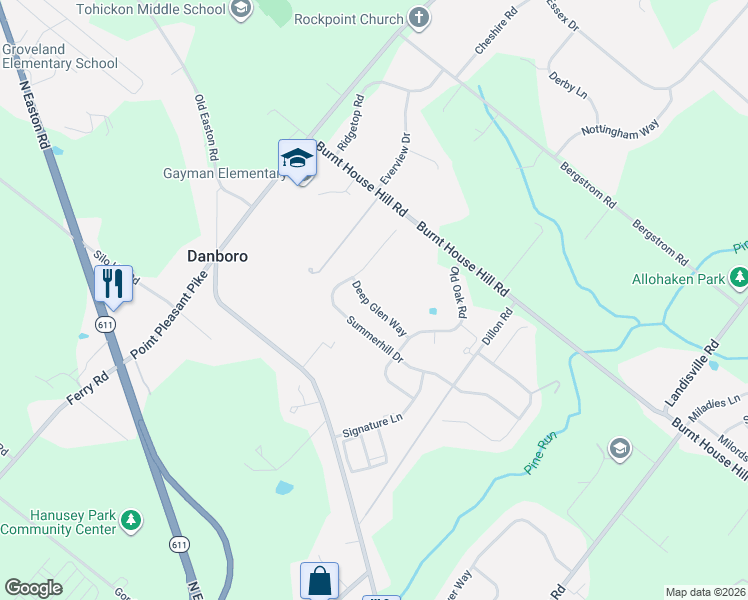 map of restaurants, bars, coffee shops, grocery stores, and more near 4535 Deep Glen Way in Doylestown