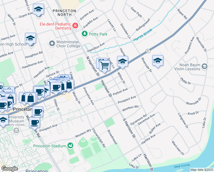 map of restaurants, bars, coffee shops, grocery stores, and more near 36 South Harrison Street in Princeton