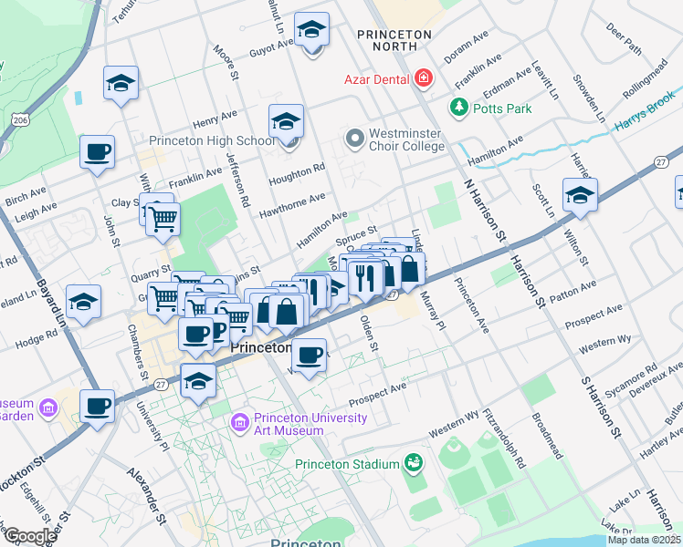 map of restaurants, bars, coffee shops, grocery stores, and more near 45-47 Moran Avenue in Princeton
