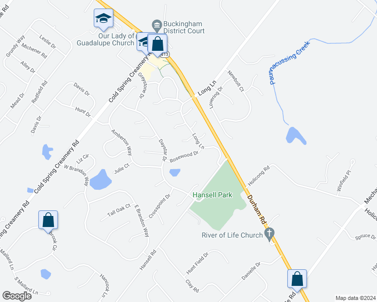 map of restaurants, bars, coffee shops, grocery stores, and more near 5056 Rosewood Drive in Doylestown