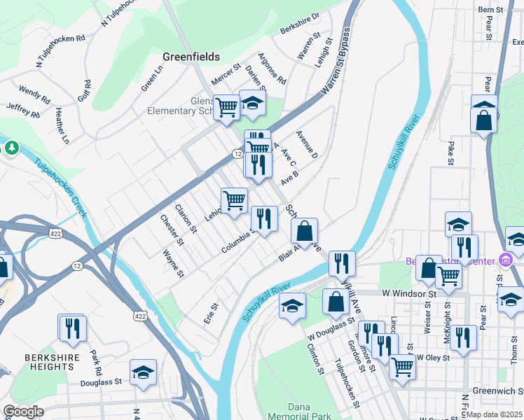 map of restaurants, bars, coffee shops, grocery stores, and more near 1206 Luzerne Street in Reading