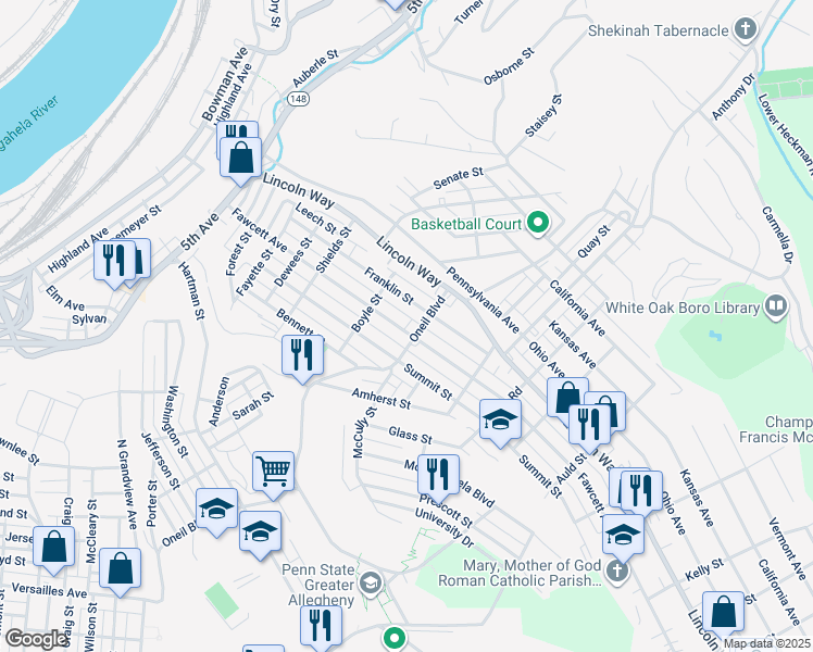 map of restaurants, bars, coffee shops, grocery stores, and more near 2703 Oneil Boulevard in McKeesport