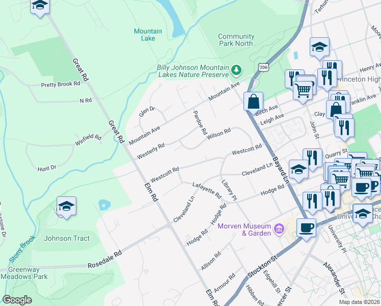 map of restaurants, bars, coffee shops, grocery stores, and more near 146 Wilson Road in Princeton