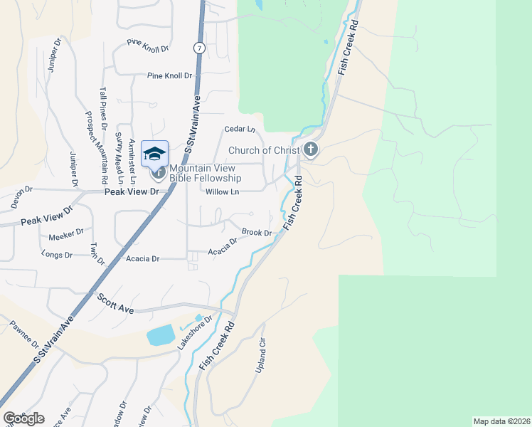 map of restaurants, bars, coffee shops, grocery stores, and more near 1630 Brook Court in Estes Park