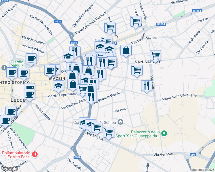 map of restaurants, bars, coffee shops, grocery stores, and more near 30 Via Antonio Gramsci in Lecce