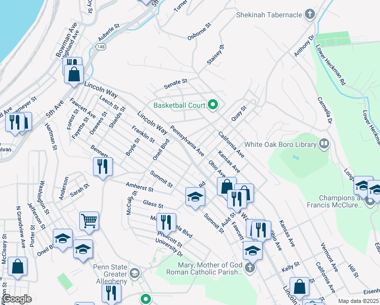 map of restaurants, bars, coffee shops, grocery stores, and more near 1137 Lincoln Way in White Oak