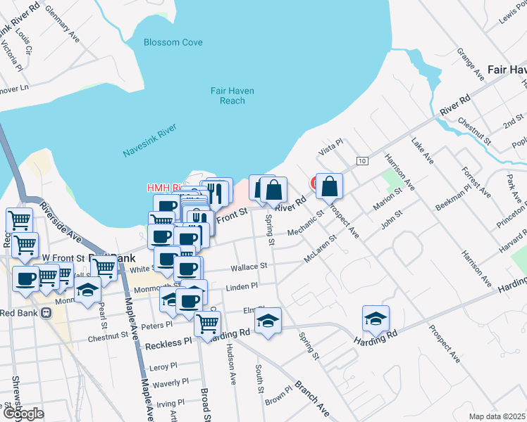 map of restaurants, bars, coffee shops, grocery stores, and more near 102 East Front Street in Red Bank