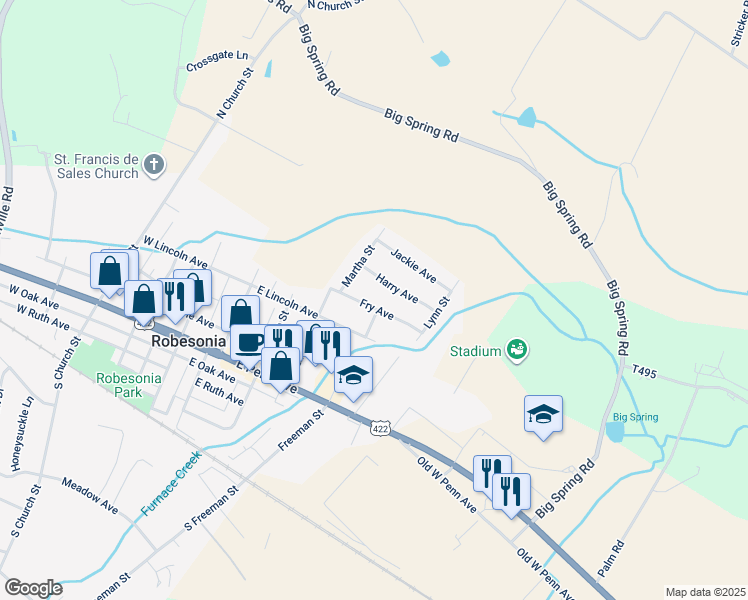 map of restaurants, bars, coffee shops, grocery stores, and more near 327 Fry Avenue in Robesonia