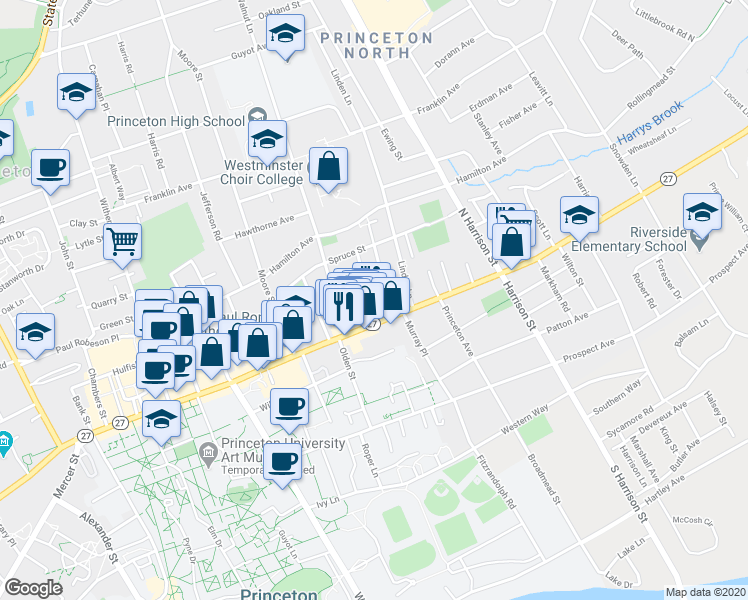 map of restaurants, bars, coffee shops, grocery stores, and more near 12 Maple Street in Princeton