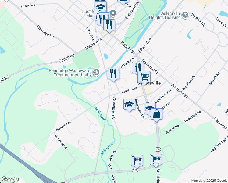 map of restaurants, bars, coffee shops, grocery stores, and more near 201 Clymer Avenue in Sellersville