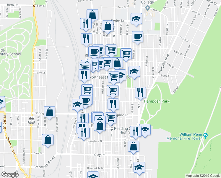 map of restaurants, bars, coffee shops, grocery stores, and more near 1161 Mulberry Street in Reading