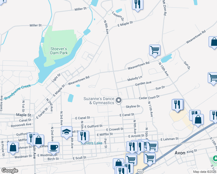 map of restaurants, bars, coffee shops, grocery stores, and more near 777 North 8th Avenue in Lebanon