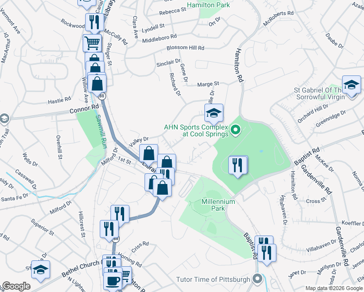 map of restaurants, bars, coffee shops, grocery stores, and more near 1609 Lucille Drive in Pittsburgh