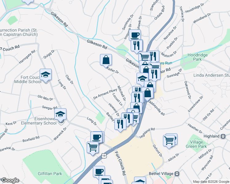 map of restaurants, bars, coffee shops, grocery stores, and more near 30 Locust Lane in Pittsburgh