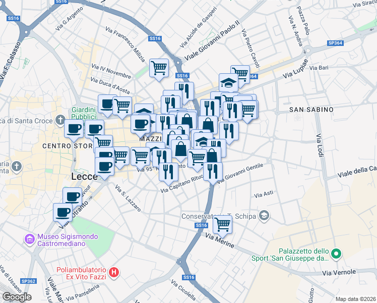 map of restaurants, bars, coffee shops, grocery stores, and more near 65 Via Guglielmo Oberdan in Lecce